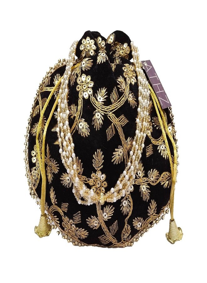 ATHZ Potli Bag Velvet Golden work wedding potli for ladies Gift for women handbags traditional Indian Wristlet with Drawstring Ethnic Embroidery Women Fashion Potli (Gold,Black) - Image 1